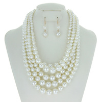 5 Layer Large Pearl Strands Extra Chunky Necklace And Earrings Set