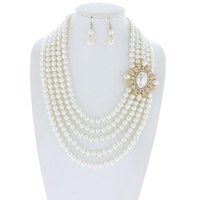 Multi Layered Pearl Strands With Victorian Ornament Necklace And Earrings Set Npy045Cr