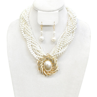 Braided Pearl Strands With Center Pearl And Stone Swirl Pendant Necklace And Earrings Set Npy046Cr