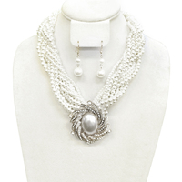 Braided Pearl Strands With Center Pearl And Stone Swirl Pendant Necklace And Earrings Set Npy046Wh