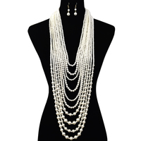Extra Long Multi Layered Pearl Strands Chunky Necklace and Earrings Set Body Jewelry