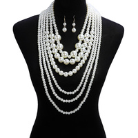 Multi Layered Pearl Strands Chunky Necklace And Earrings Set Npy074Gcr