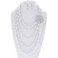 VINTAGE 5-ROW FLORAL BROOCH MULTISTRAND ADJUSTABLE PEARL NECKLACE EARRING SET