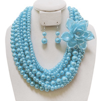 7 LINE PEARL NECKLACE SET W/ LG FLOWER
