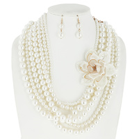 7 LINE PEARL NECKLACE SET W/ LG FLOWER