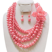 7 LINE PEARL NECKLACE SET W/ LG FLOWER