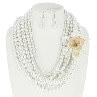 7 LINE PEARL NECKLACE SET W/ LG FLOWER