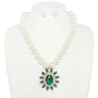 TEARDROP GEMSTONE PENDANT PEARL NECKLACE SET
