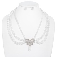 3 LINE MULTI ROW BUTTERFLY SCALLOPED PEARL NECKLACE SET
