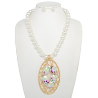 PEARL WOVEN OVAL GEMSTONE PENDANT NECKLACE SET