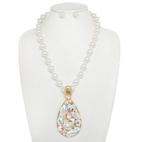 PEARL TEARDROP GEMSTONE CLUSTER PENDANT NECKLACE SET