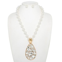 PEARL TEARDROP GEMSTONE CLUSTER PENDANT NECKLACE SET