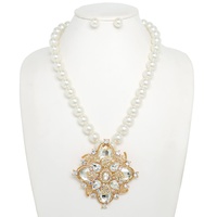 PEARL FLORAL GEMSTONE CLUSTER PENDANT NECKLACE SET