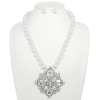 PEARL FLORAL GEMSTONE CLUSTER PENDANT NECKLACE SET