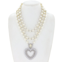 MULTISTRANDED SYNTHETIC PEARL CRYSTAL OPEN HEART ADJUSTABLE PENDANT NECKLACE