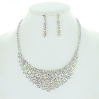 VINTAGE GLAM CRYSTAL RHINESTONE PAVE BIB NECKLACE EARRING SET