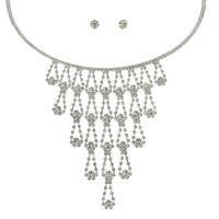 CRYSTAL RHINESTONE ADJUSTABLE TEARDROP FRINGE BIB NECKLACE EARRING SET