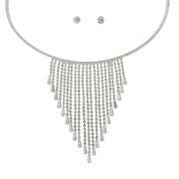 CRYSTAL RHINESTONE ADJUSTABLE TASSEL BIB NECKLACE EARRING SET