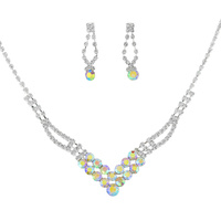 CRYSTAL RHINESTONE ADJUSTABLE V-SHAPE CLUSTER NECKLACE EARRING SET