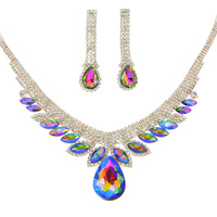 CRYSTAL RHINESTONE PETAL CUT FRINGE TEARDROP ADJUSTABLE NECKLACE EARRING SET