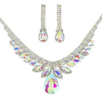 CRYSTAL RHINESTONE PETAL CUT FRINGE TEARDROP ADJUSTABLE NECKLACE EARRING SET