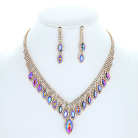 CRYSTAL PETAL V-SHAPE FRINGE ADJUSTABLE NECKLACE EARRING SET