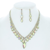 CRYSTAL PETAL V-SHAPE FRINGE ADJUSTABLE NECKLACE EARRING SET