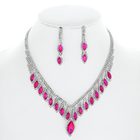 CRYSTAL PETAL V-SHAPE FRINGE ADJUSTABLE NECKLACE EARRING SET