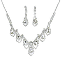 CRYSTAL RHINESTONE TEARDROP CLUSTER ADJUSTABLE V-SHAPE BIB NECKLACE EARRING SET