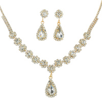 CRYSTAL RHINESTONE FLORAL PAVE ADJUSTABLE TEARDROP PENDANT BIB NECKLACE EARRING SET