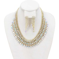 3 Tiered Rhinestone Color Gradient Necklace And Earrings Set Nry881Gca