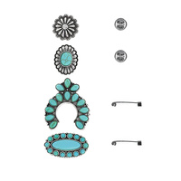 4-PACK WESTERN SQUASH BLOSSOM THEMED ASSORTED TURQUOISE SEMI STONE BROOCH PIN SET