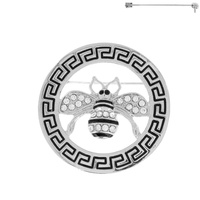 CRYSTAL RHINESTONE HONEY BEE ENAMEL COATED GREEK KEY SQUARE PATTERN OPEN CIRCLE JEWELED BROOCH PIN IN GOLD TONE METAL