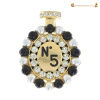 PEARL ENAMEL COATED NUMBER FIVE CRYSTAL PAVE PERFUME BOTTLE SHAPED BROOCH PIN AND STAND