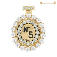 PEARL ENAMEL COATED NUMBER FIVE CRYSTAL PAVE PERFUME BOTTLE SHAPED BROOCH PIN AND STAND
