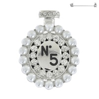 PEARL ENAMEL COATED NUMBER FIVE CRYSTAL PAVE PERFUME BOTTLE SHAPED BROOCH PIN AND STAND