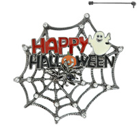 HAPPY HALLOWEEN SPIDER WEB WITH  JACK O LANTERN PUMPKIN AND GHOST BROOCH PIN