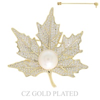MAPLE LEAF GOLD PLATED CUBIC ZIRCONIA AND PEARL BROOCH PIN IN YELLOW GOLD AND WHITE GOLD PLATTING