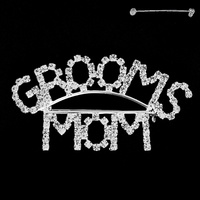 Wedding Novelty Rhinestone Text "GROOMS MOM" Brooch Pin