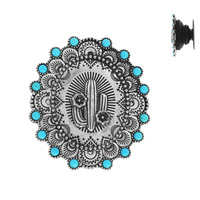 CACTUS-WESTERN THEMED TURQUOISE SEMI STONE OVAL POP SOCKET PHONE GRIP AND STAND