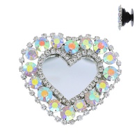 CRYSTAL RHINESTONE HEART SHAPED MIRROR DUAL POP SOCKET PHONE GRIP AND STAND IN  SILVER TONE METAL