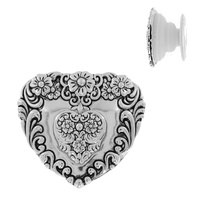 HEART -FLORAL VINTAGE SCROLL DESIGN SPOON LOOK DUAL POP SOCKET PHONE GRIP AND STAND IN OXIDIZED SILVER TONE METAL