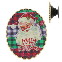 SANTA CLAUS -PLAID PRINT VINTAGE CHRISTMAS SCALLOPED WOODEN POP SOCKET PHONE GRIP AND STAND