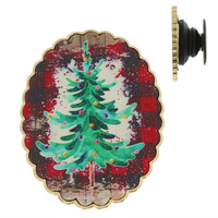 CHRISTMAS TREE-PLAID PRINT VINTAGE CHRISTMAS SCALLOPED WOODEN POP SOCKET PHONE GRIP AND STAND