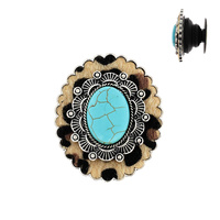 TURQUOISE SEMI STONE OVAL SCALLOPED FAUX COWHIDE CONCHO POP SOCKET PHONE GRIP AND STAND