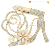 FLORAL JEWELED HIGH HEEL LIPSTICK BROOCH PIN