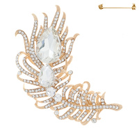 CRYSTAL RHINESTONE JEWELED FEATHER BROOCH PIN