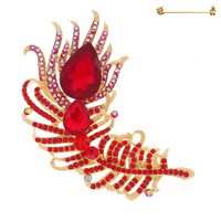 CRYSTAL RHINESTONE JEWELED FEATHER BROOCH PIN