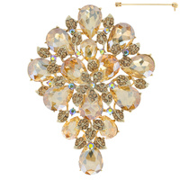TEARDROP GEMSTONE BROOCH PIN WITH CRYSTAL RHINESTONES, PAVE FLOWERS