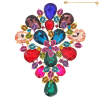 TEARDROP GEMSTONE BROOCH PIN WITH CRYSTAL RHINESTONES, PAVE FLOWERS